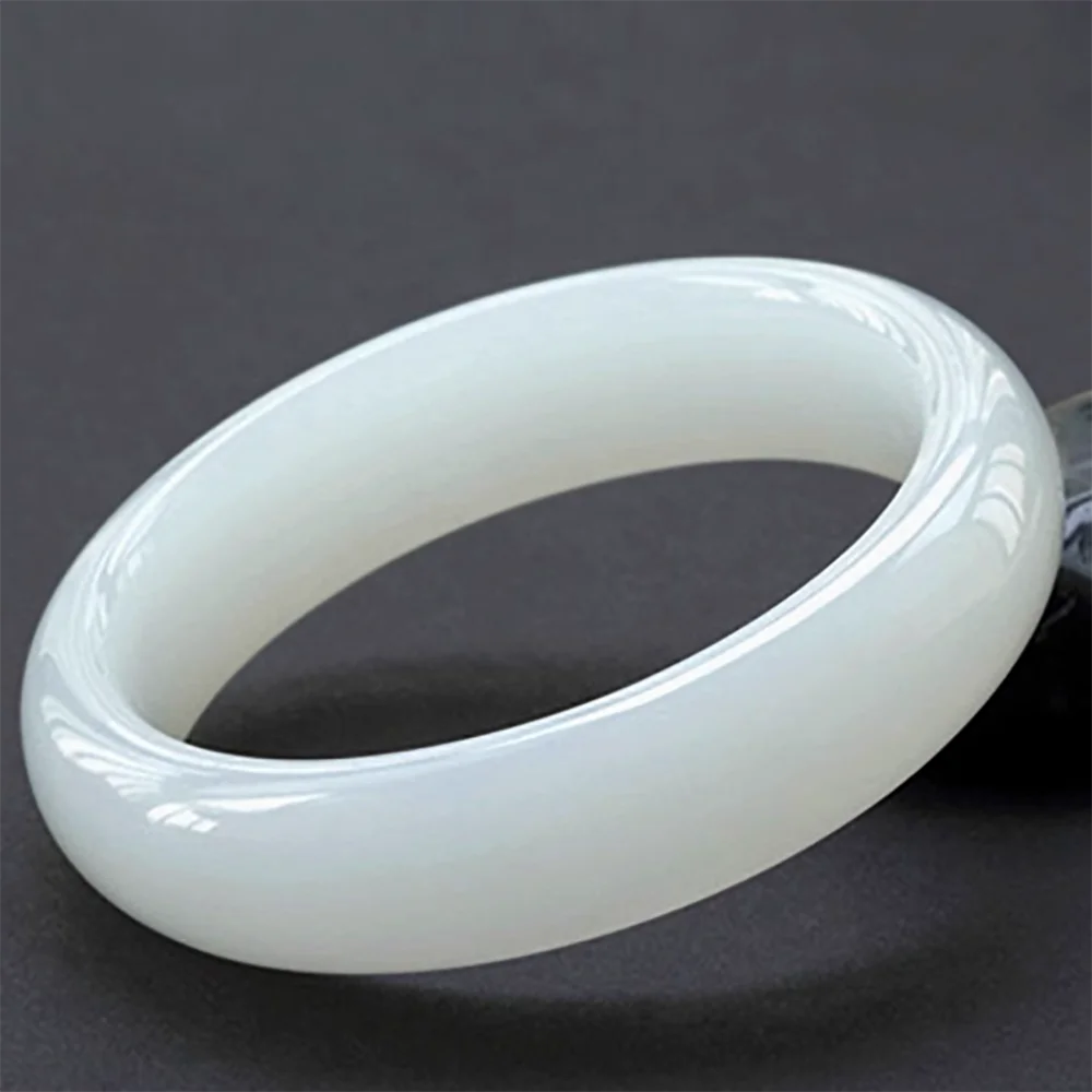 Xinjiang white jade round strip flat strip wide Afghan jade bracelet sheep fat white jade stone bracelet with complete caliber b