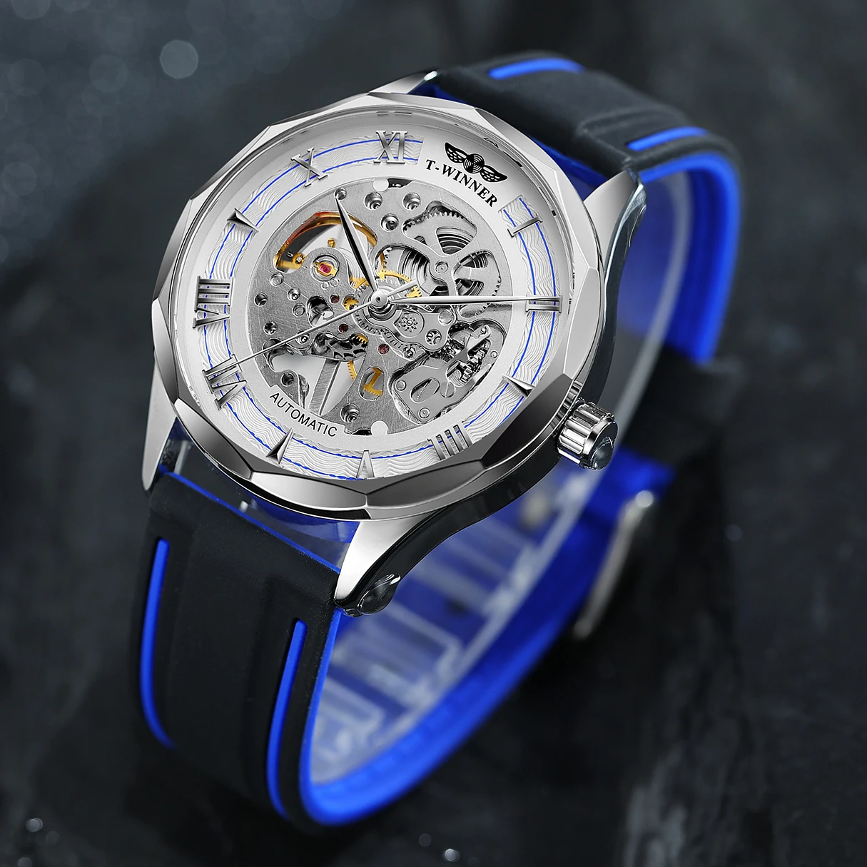 T-WINNER High Quality Fashion Man Watch Steel Skeleton Manual Mechanical Waterproof Silicone Strap Clock Male Thin Wrist Watches