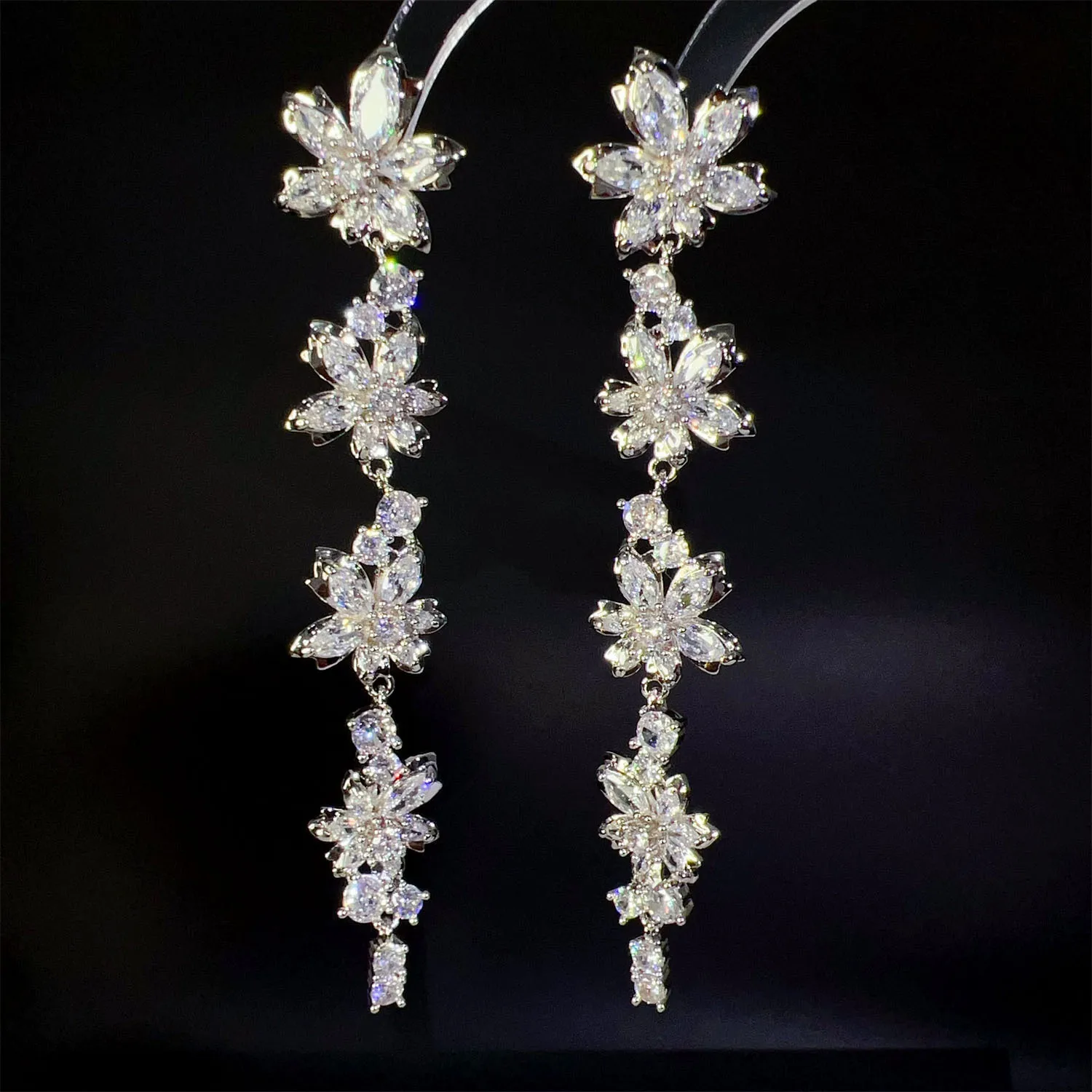 

8.7cm long flower earrings for women sweet jewelry white zirconia dinner party daily wear wedding bride earrings women