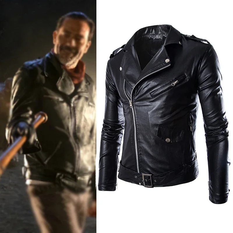 The Walking Dead Negan สีดําสีขาว PU หนังเสื้อแจ็คเก็ตผู้ชายผู้ใหญ่ฮาโลวีนคอสเพลย์เครื่องแต่งกายฤดูหนาวฤดูใบไม้ผลิฤดูใบไม้ร่วง