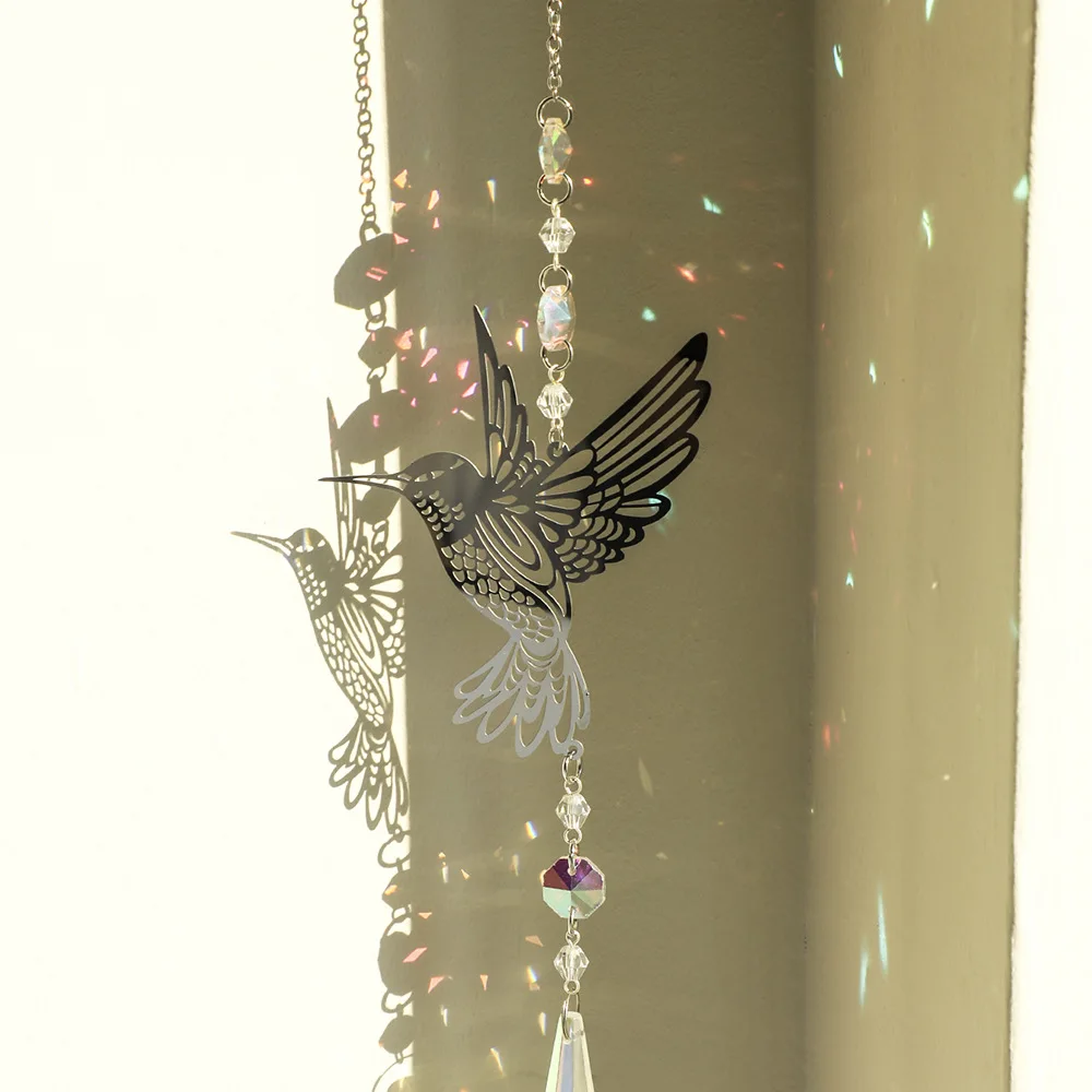 1Pc Suncatcher Crystal Wind Chimes Bird Shaped Hollow Pattern Stained Glass Window Outdoor Decor Family Friends Kids Gift Crafts