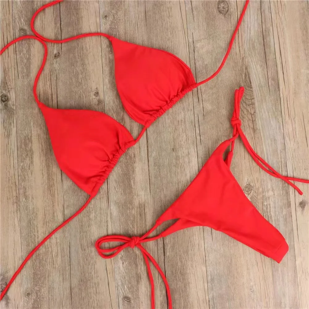 Women Tie  Thong Bikini Set Side Swimsuit Bandage Style Brazilian Swimwear Split Strap Adjustable Solid Female Swimsuit Set