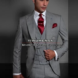 Bespoke Grey Prince Of Wales Check Men Suits For Wedding Single Breasted Jacket Vest Pants 3 Pieces Formal Groom Man Tuxedos