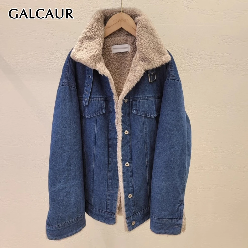 

GALCAUR Blue Spliced Pocket Chic Jacket Female Lapel Long Sleeve Loose American Retro Women's Jackets Autumn Style Fashion New