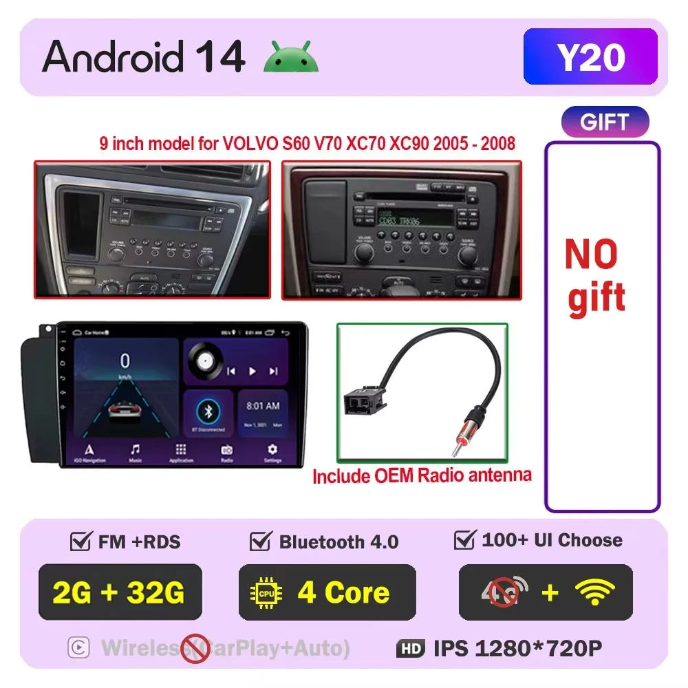 Auto radio CarPlay voor Volvo XC70 V70 S60 2000-2009 Android Auto multimediaspeler stereo 8-core autoradio DSP 5G WIFI scherm DVD - afbeelding 1