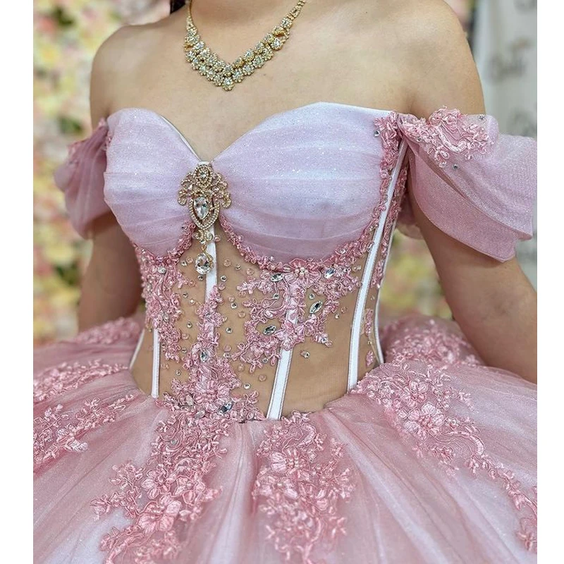 Vestido De novia De tul rosa, vestido para quinceañeras con hombros descubiertos, vestido De baile con apliques De encaje, desfile De cumpleaños, dulce 15