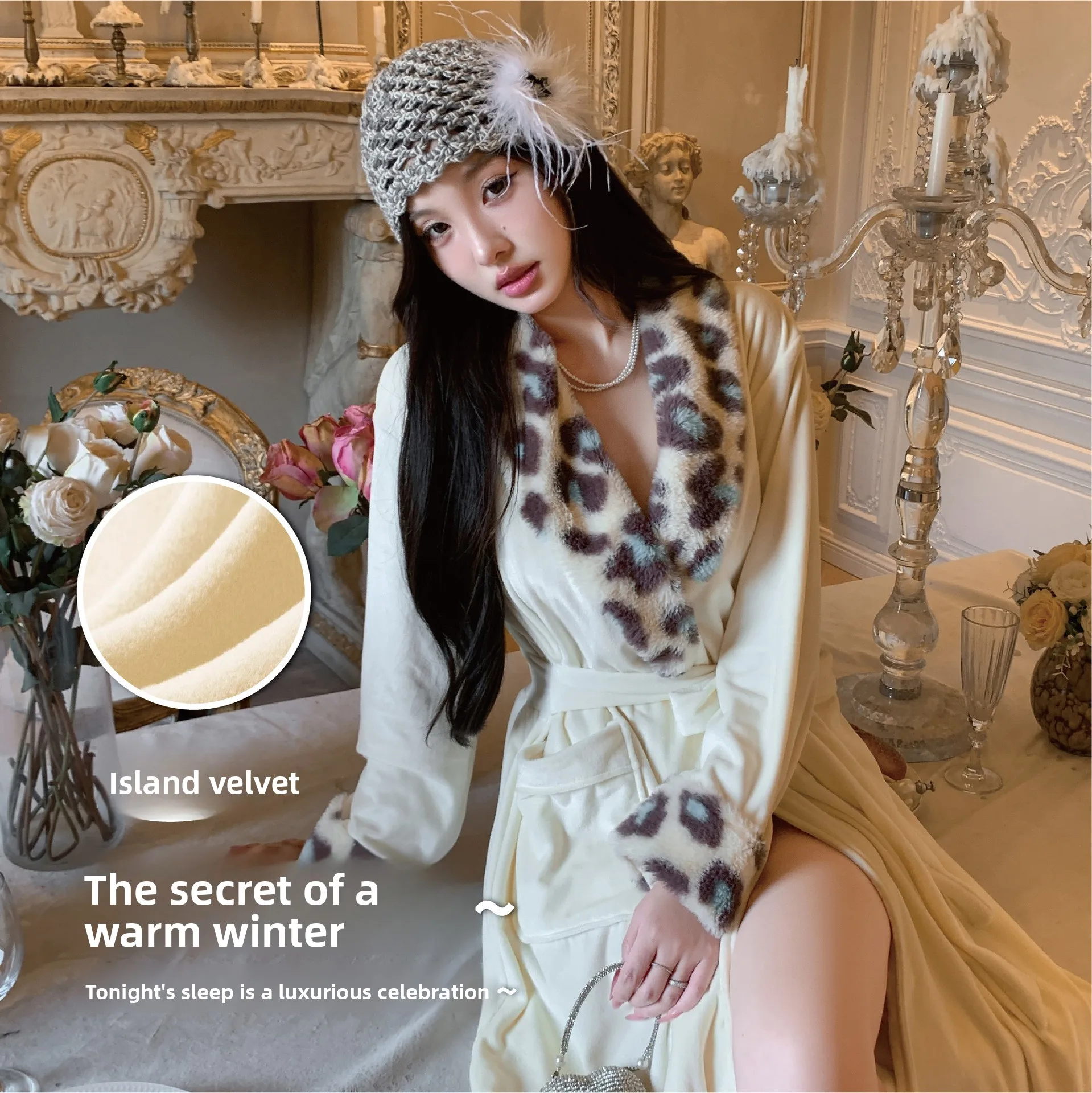 Light luxury high-end island velvet nightgown for women autumn/ winter long Korean home clothes leopard print long robe pajamas