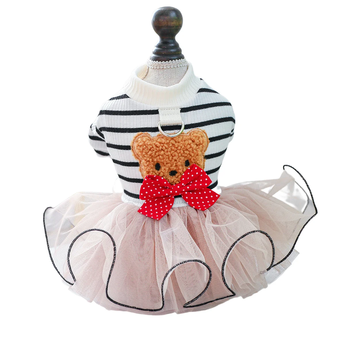 

Winter Pricess Dresses for Small Dog Girl Stripe Sweater Tutu Skirt Bear Bowknot Pet Costume Cat Apparel Fancy Dog Party Outfit