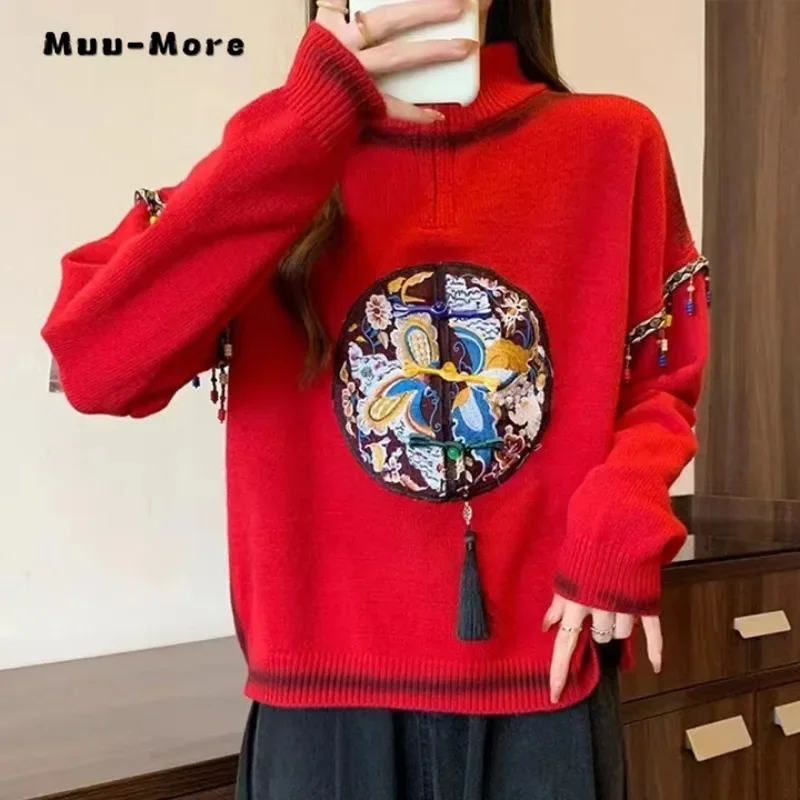 

Chinese Vintage Style Women's Knitting Long Sleeve Casual Pullovers 2024 Winter Mock Neck Ladies Loose Tassel Sweater Red Top