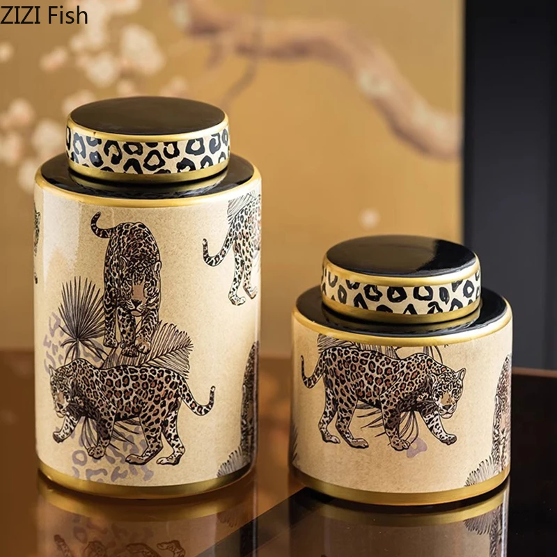 Leopard Pattern Texture General Tank Ceramic Storage Jar with Lid Desktop Flower Arrangement Jewelry Jars Cosmetic Containers