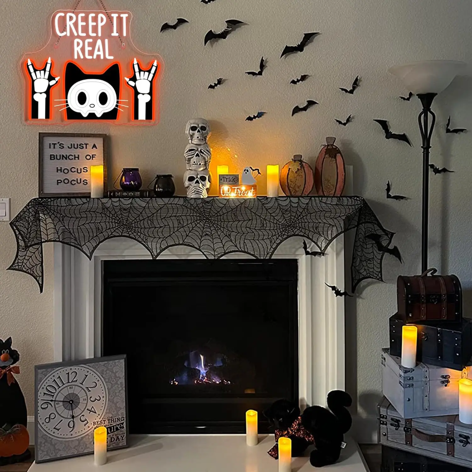 ป้ายไฟนีออนรูปหัวกะโหลกแมว Creep It Real ไฟ LED ปรับความสว่างได้ สำหรับตกแต่งผนังงานปาร์ตี้ธีมฮาโลวีนสุดหลอน ใช้พลังงานจาก USB