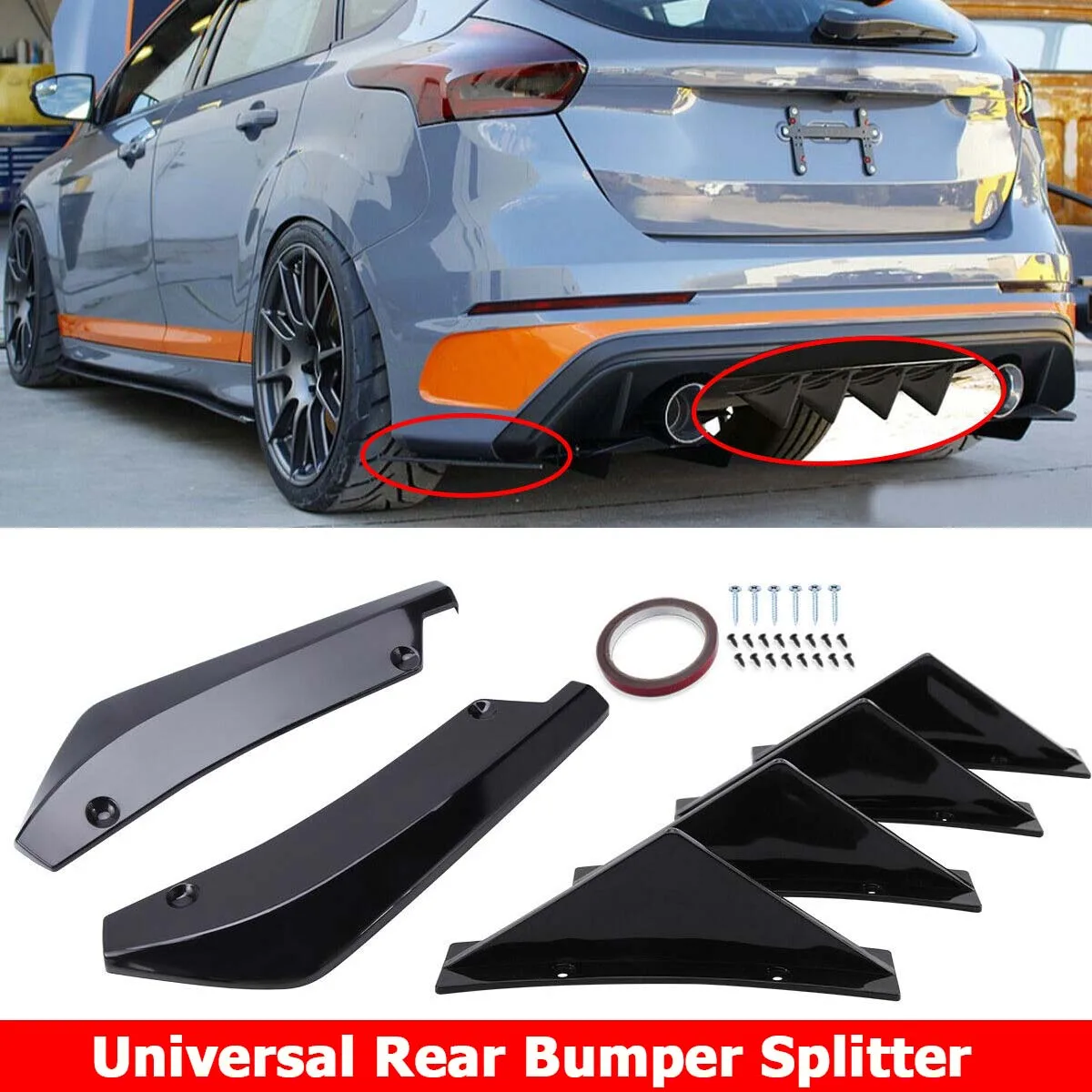 For Ford Focus Fusion Fiesta 2010-2022 Rear Bumper Splitter Cover + Diffuser Shark Fin Spoiler Sticker Trim Car Accessories