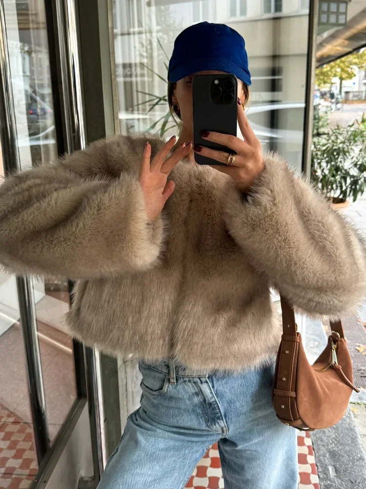 Chic Women Fluffy Soft Solid Faux Fur Coats Elegant O Neck Long Sleeves Short Overcoats Autumn Winter Lady Commuting Outwears