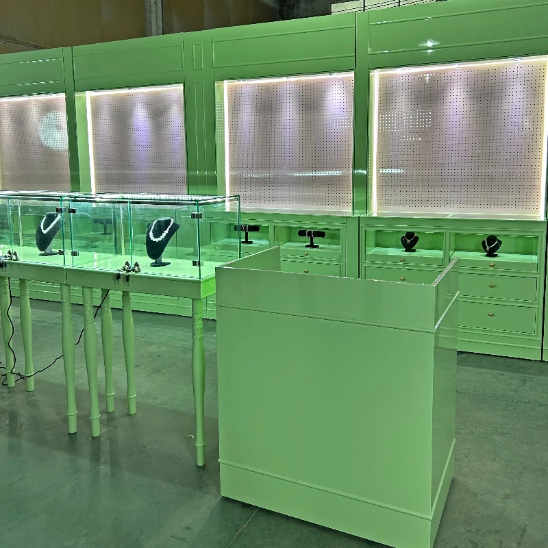 

Custom Shop Design Wooden Wall Glass Display Cabinet Jewelry Case Gold Silver With LED Lighting Jewellery Showcases Display