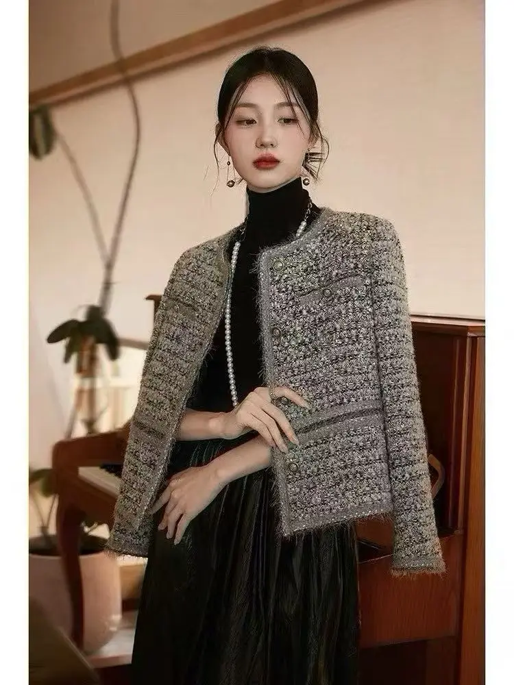 Spring and Autumn New Round Neck High Quality Fashion Wool Tweed Fabric Short Coat Elegant Women S-XL