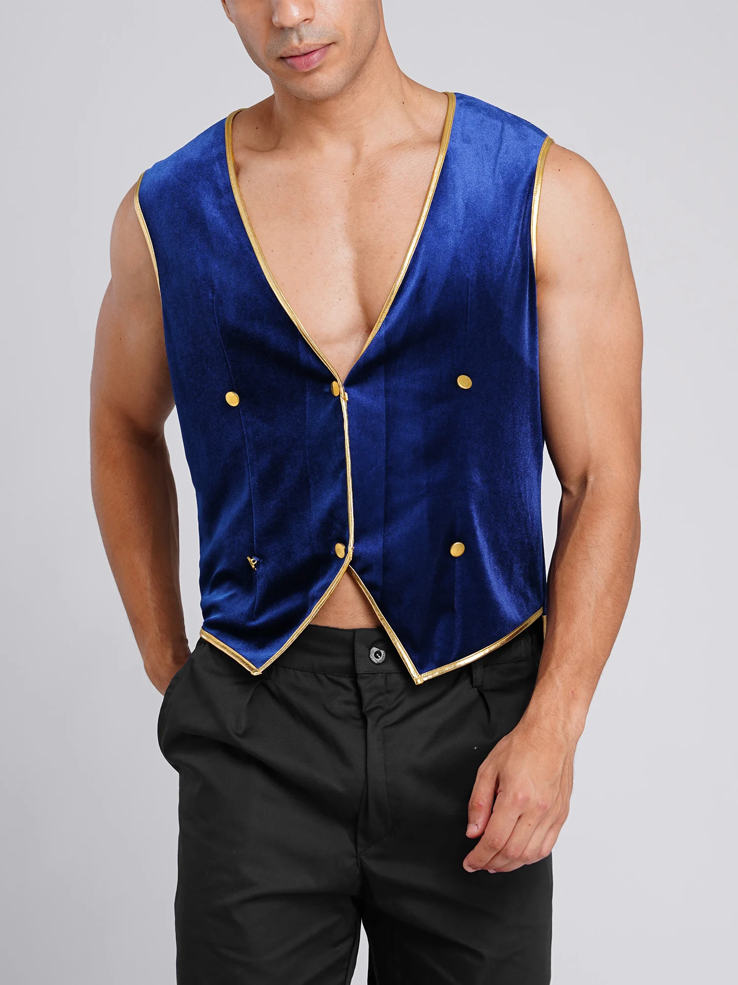 Men Retro Medieval Princesses Velvet Tailcoat Vest with Gold Trims V Neck Victoria Blazer Waistcoat for Halloween Party Cocktail