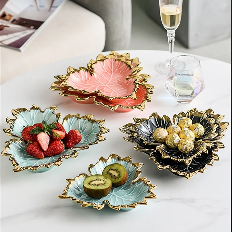 

HOT-Phnom Penh Maple Leaf Plate Ceramic Jewelry Storage Serving Tray Cake Dessert Dish Organizer Living Room Tableware