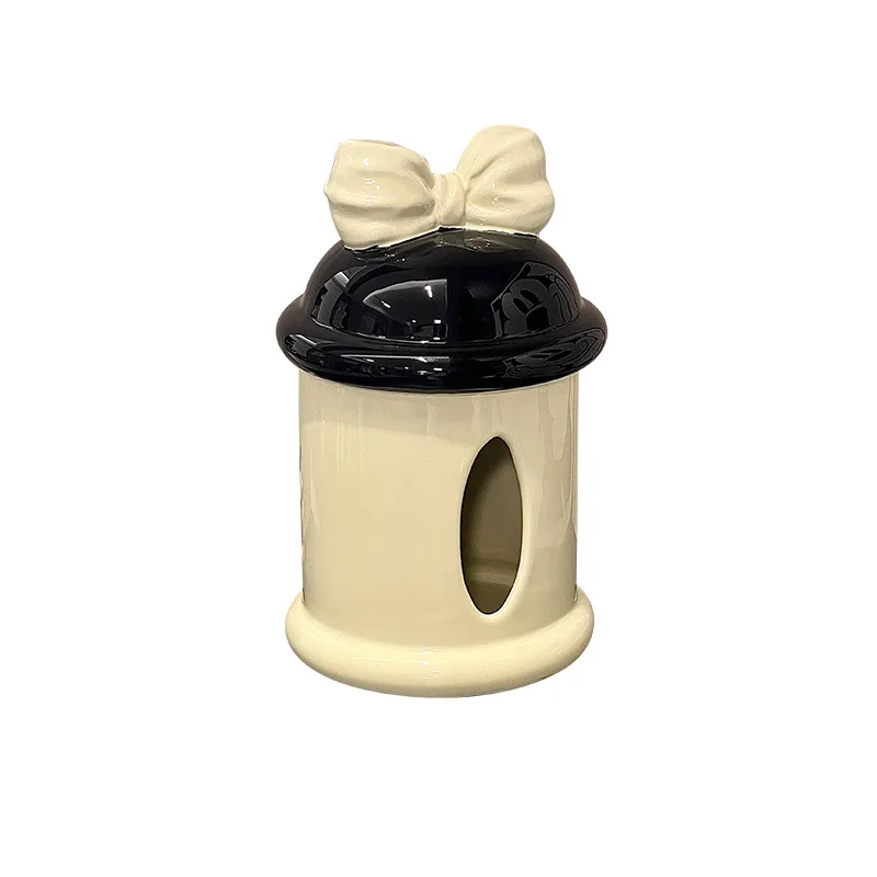 Ceramic Craft Bow Ceramic Tissue Box Cylindrical Household Living Room Coffee Table Dustproof Desktop Paper Box Napkin Paper Box