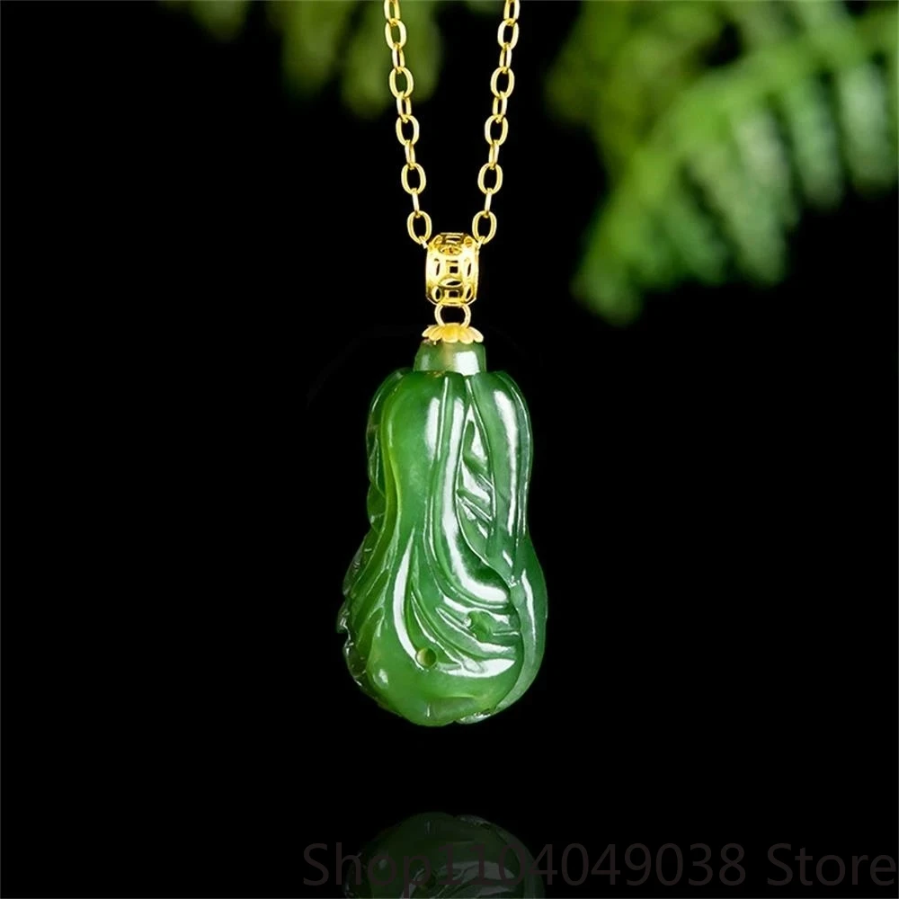 

Spinach Green Old Material Hetian Jade Jasper Cabbage Bai Cai Pendant 18K Gold Buckle Natural Jade Pendant Necklace Female