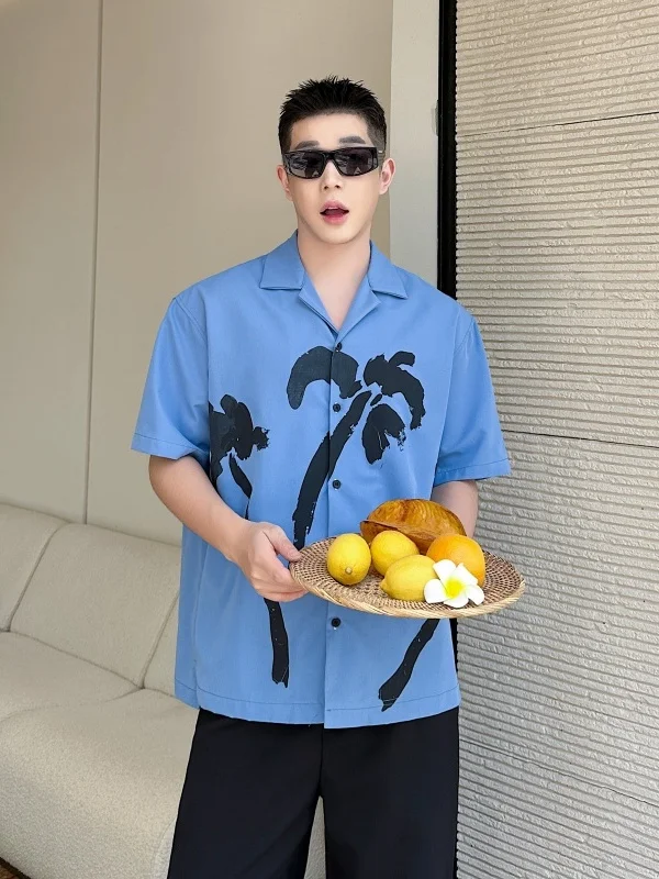 

Summer 2025 Island Print Short Sleeve Casual Cuban Collar Vacation Shirt Lazy Style Lightweight Floral Shirt for Teens