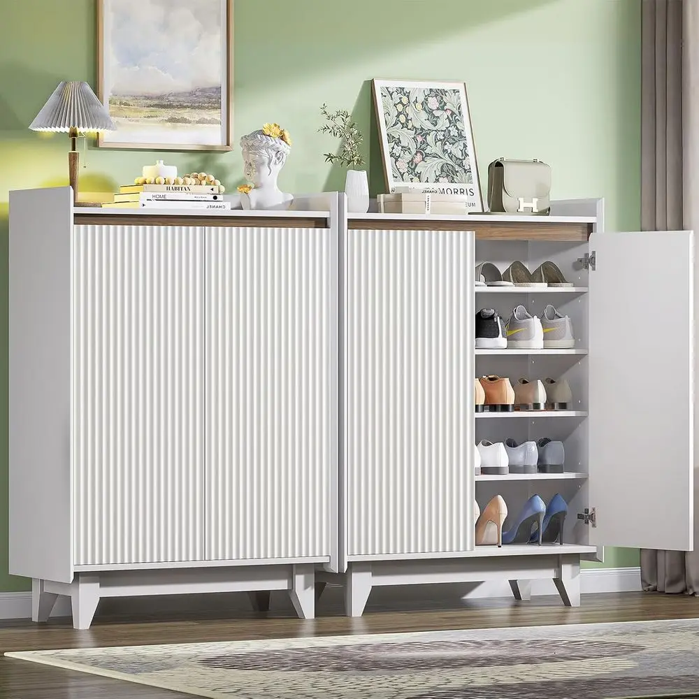 Double-Door White & Walnut Shoe Cabinet for Entryway, 43.7” Tall, Hallway & Living Spaces