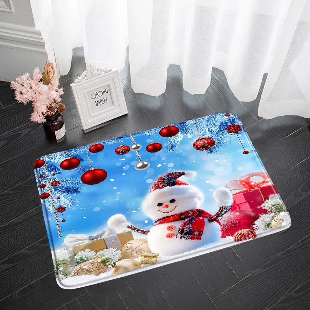 Christmas Kitchen Bath Mat Funny Snowman Red Xmas Ball Snow Gift New Year Home Room Decor Non-slip Soft Rugs Doormat Carpet Blue