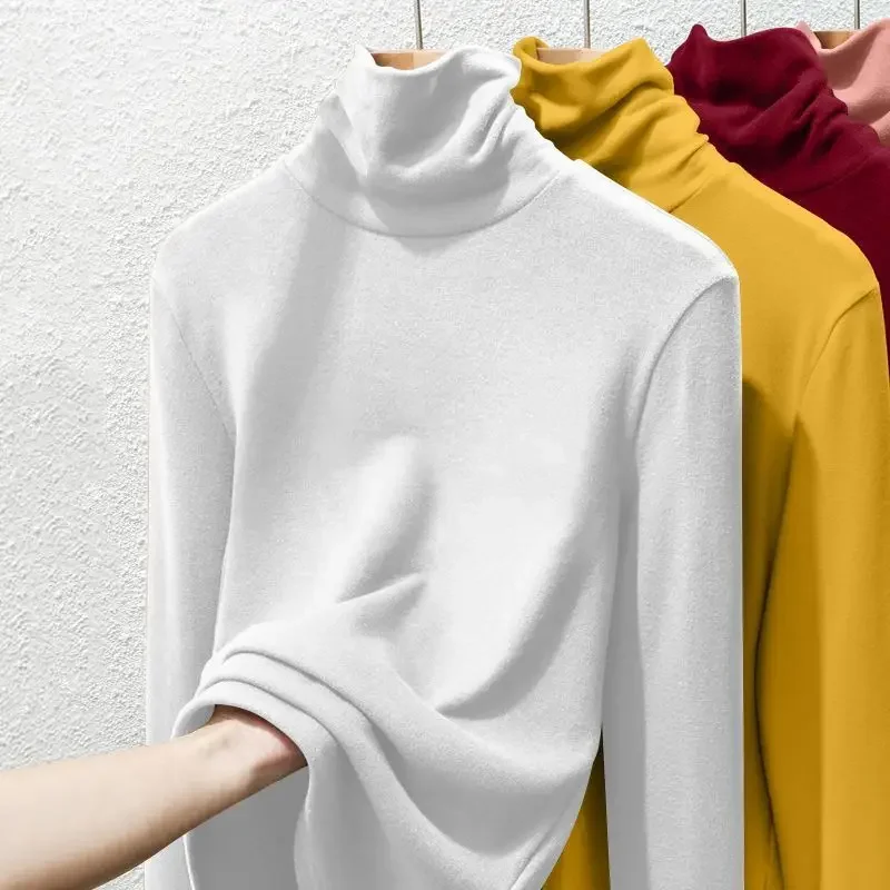 Novo básico feminino interior e exterior quente topo de manga comprida camiseta outono e inverno fino ajuste com engrossar lã base quente camisa