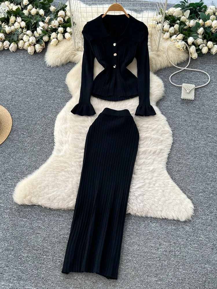 ارتفاع الخصر محبوك طويل Sve سبليت Neline الأعلى وتنورة Bodycon قطعتين مجموعة Ele Commute Sle الخريف Faion