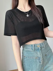 T-shirt allentata in seta di ghiaccio con protezione solare estate canotta traspirante Outwear camicetta manica corta Crop Top abbigliamento Casual per le vacanze delle donne