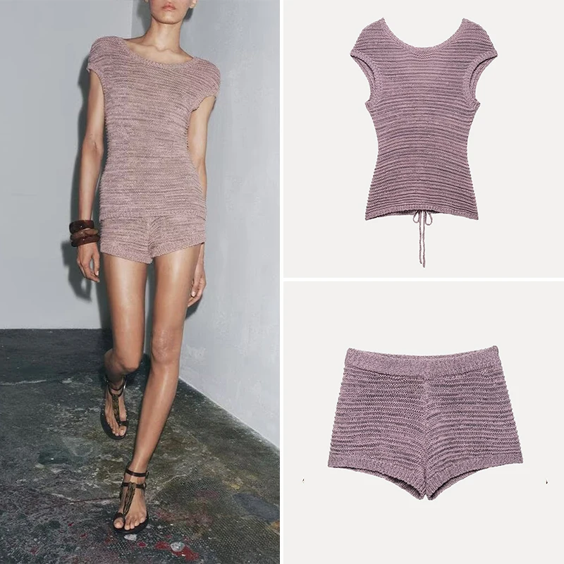 Z 2025 New Women's Knitted ort Sve round Ne Two-Piece Set Polyester Fiber ort Pants Faionable Casual Wear