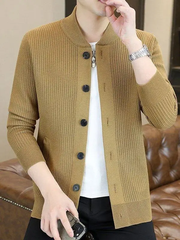 

Мужской вязаный кардиган с длинными рукавами и воротником-стойкой, повседневный, модный, весенне-осенний, универсальный, из полиэфирного волокна, стандартный крой, модный, ур-тренд