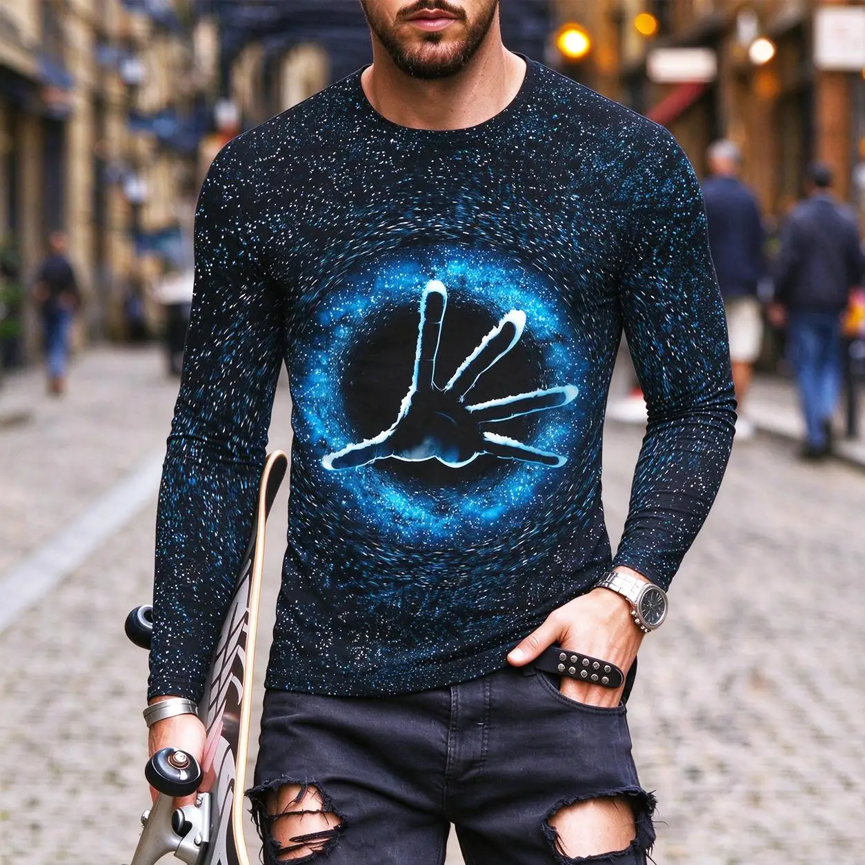 Men's 3D Galaxy Nebula Print Long Sleeve T Shirt Autumn Fashion Starry Sky Space Graphic Tees Casual Streetwear Crew Neck Tops