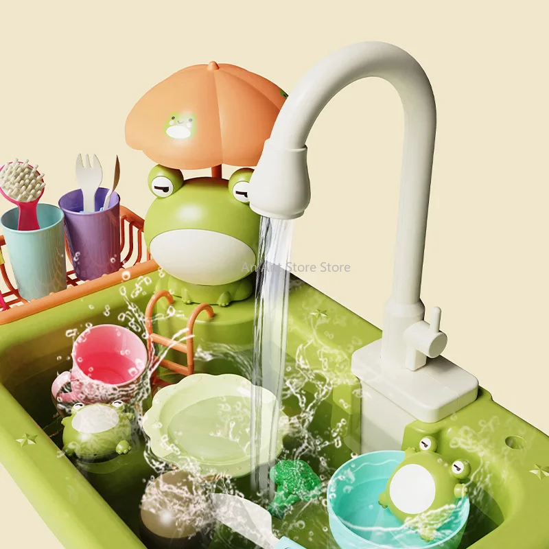 Kids Kitchen Sink Toys Electric Dishwasher Playing Toy With Running Water Pretend Play Food Fishing Toy Role Playing Girls Gift