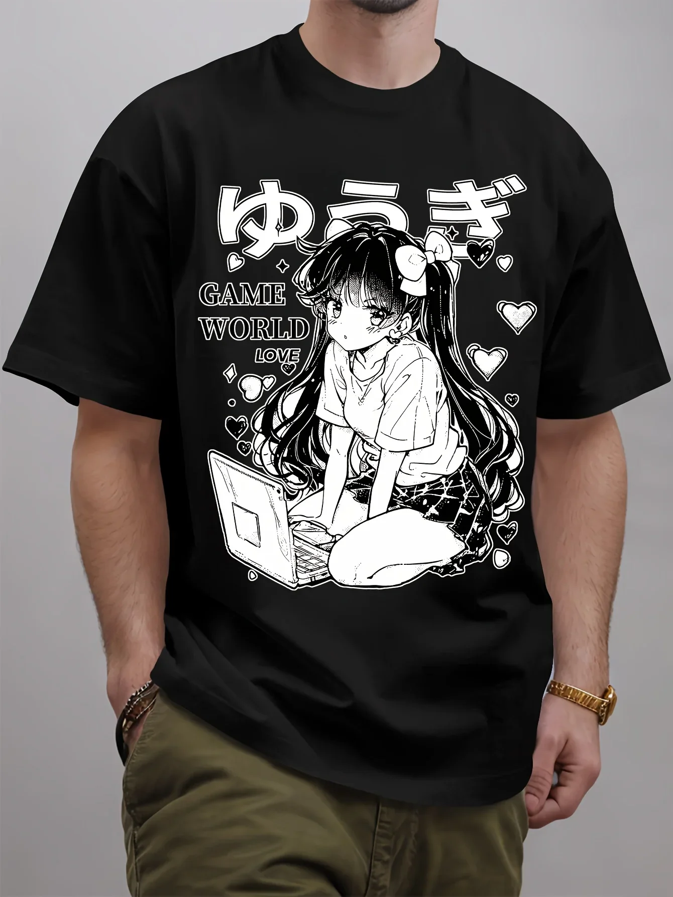 Creative Anime Girl With Her Computer Pattern, Men's Trendy Crew Neck Short Sleeve T-shirt, Casual Comfy Fit Top For Summer