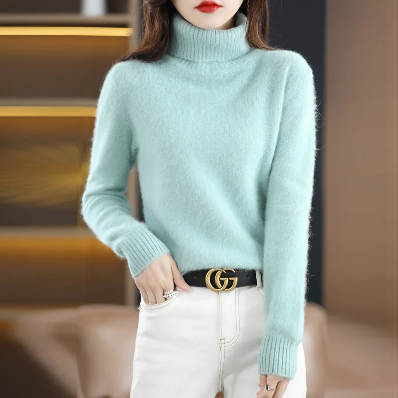 Mink Cashmere Sweater for Women,High Lapel,Knitted Pullover, Thickening Warm Top,Keep Out the Cold, Minus 30 °,Autumn and Winter