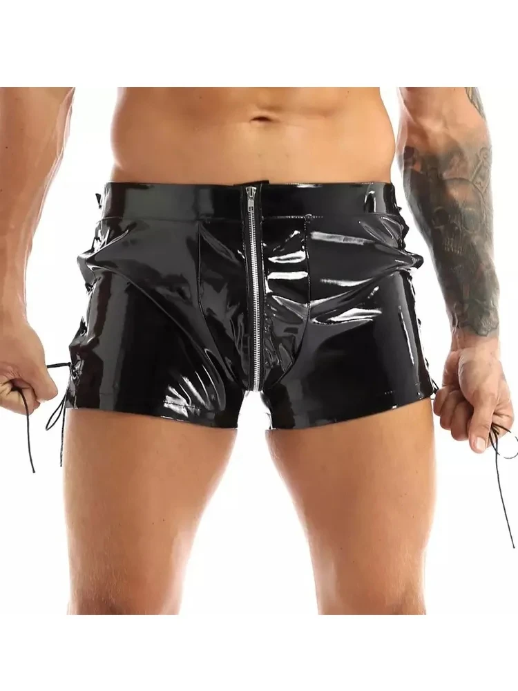 S-5XL Wet Look PVC Boxer Shorts Shiny Faux PU Leather Trunks Men Convex Pouch Boxershorts Lace Up Bandage Calconcillos Underwear