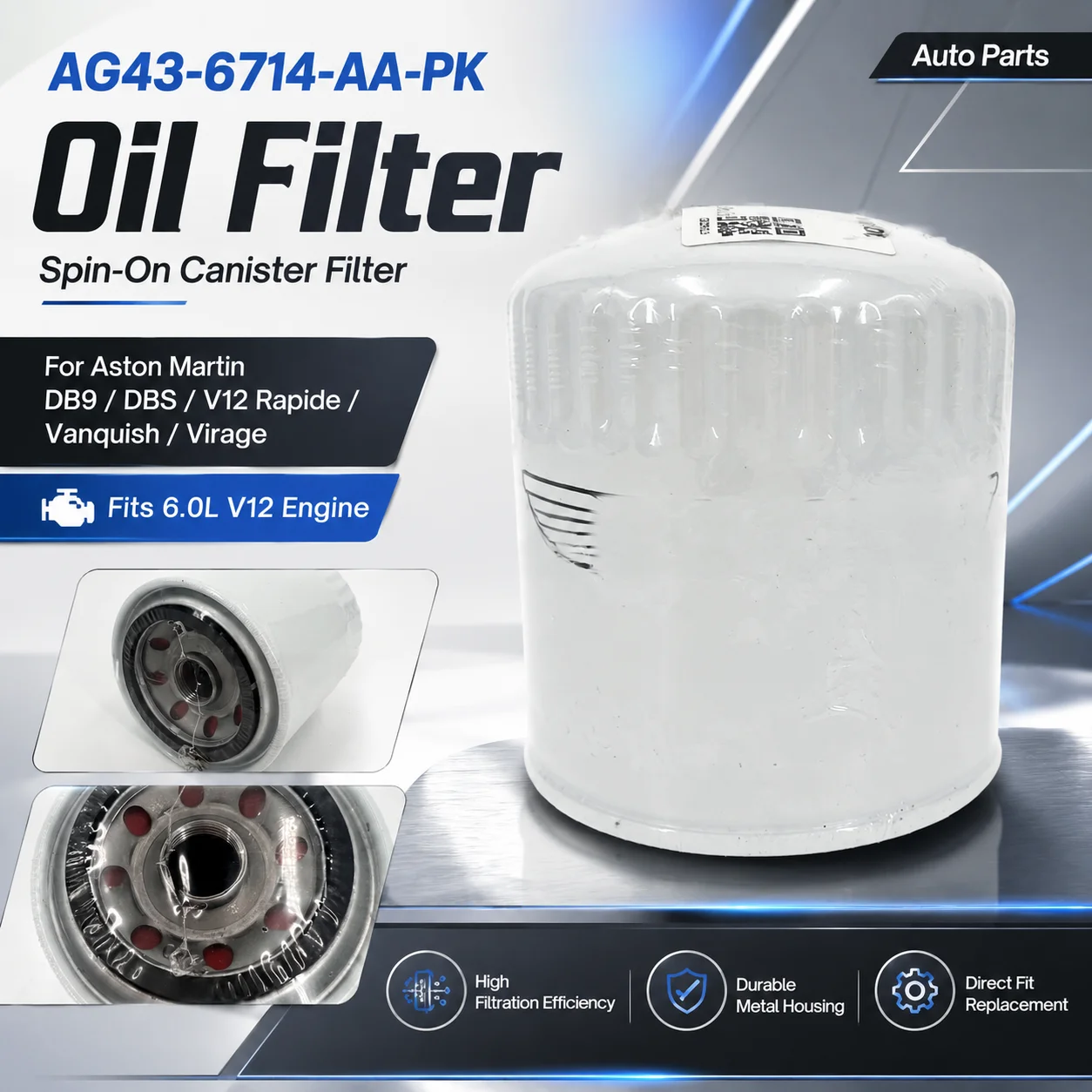 AG43-6714-AA-PK Oil Filter for Aston Martin DB9 DBS V12 Rapide Vanquish Virage 6.0L V12 Engine, Spin-On Canister Filter