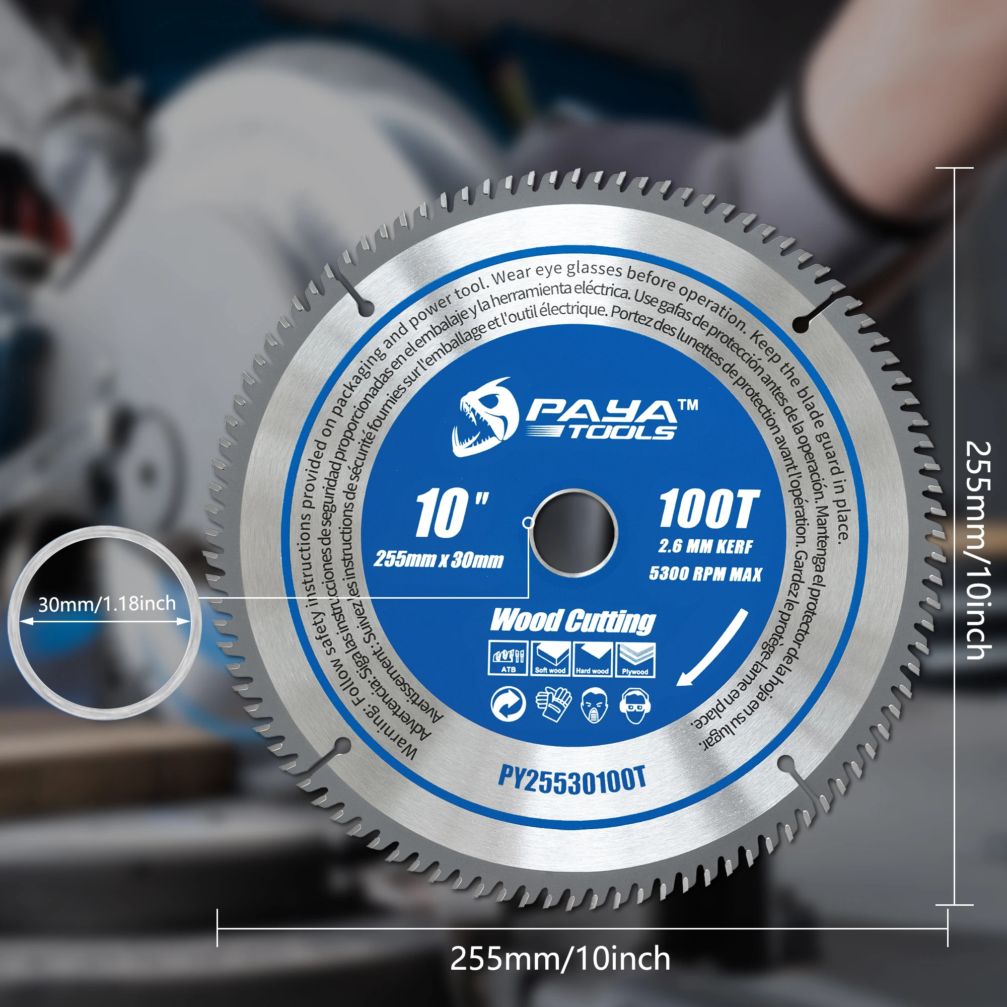 PAYA 10Inch 100Teeth Circular Saw Blade Professional TCT Wood Cutting Tungsten Carbide Tipped Blade for Miter Saw Table Saw