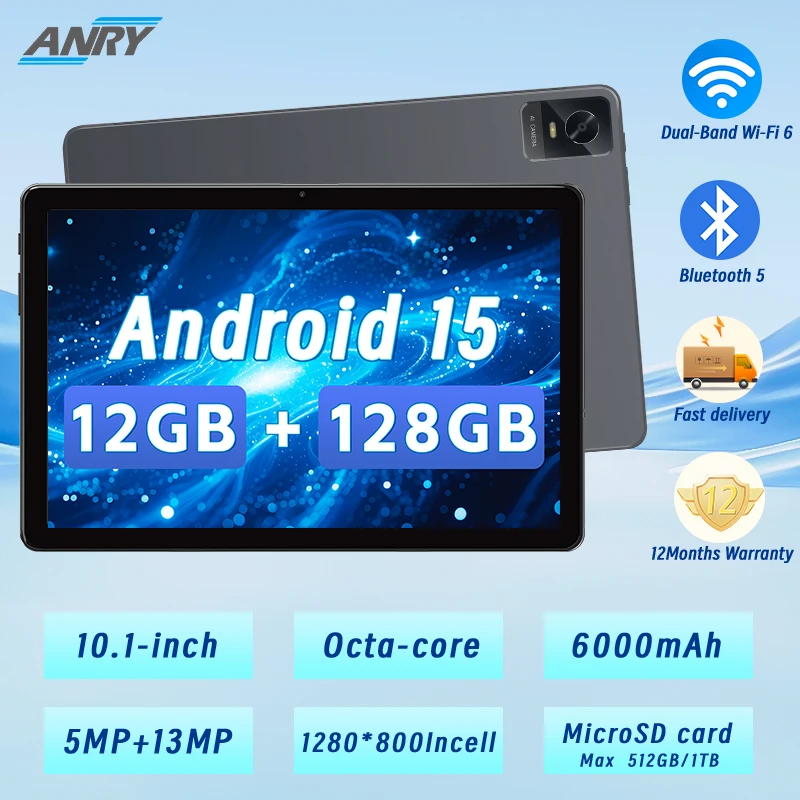 

10inch Tablets Android 2025, ANRY 12GB +128GB Tablet PC, 5MP+13MP Dual Cameras, 6000mAh, Octa-core, Dual Band Wifi, Silver Gray