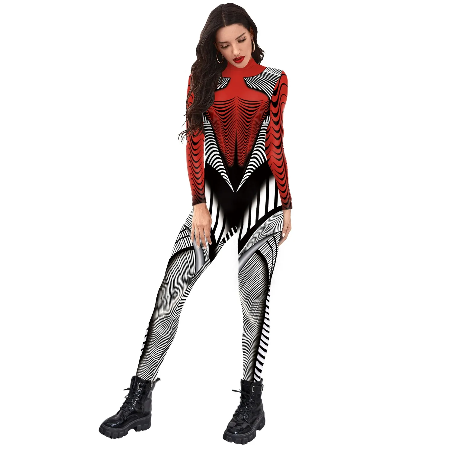 

New Halloween Red Steampunk Rays Women's Stage Performance Costume Carnival Party Bodysuit Horror Villain Jumpsuit Costume 2025