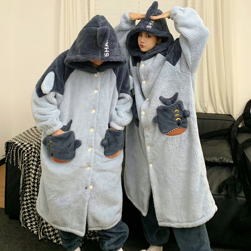 Kigurumis Winter Thick Women camicia da notte set pigiama con cappuccio Soft Warm Men night-robe Sleepwear Kawaii Shark Pijama Mujer peluche