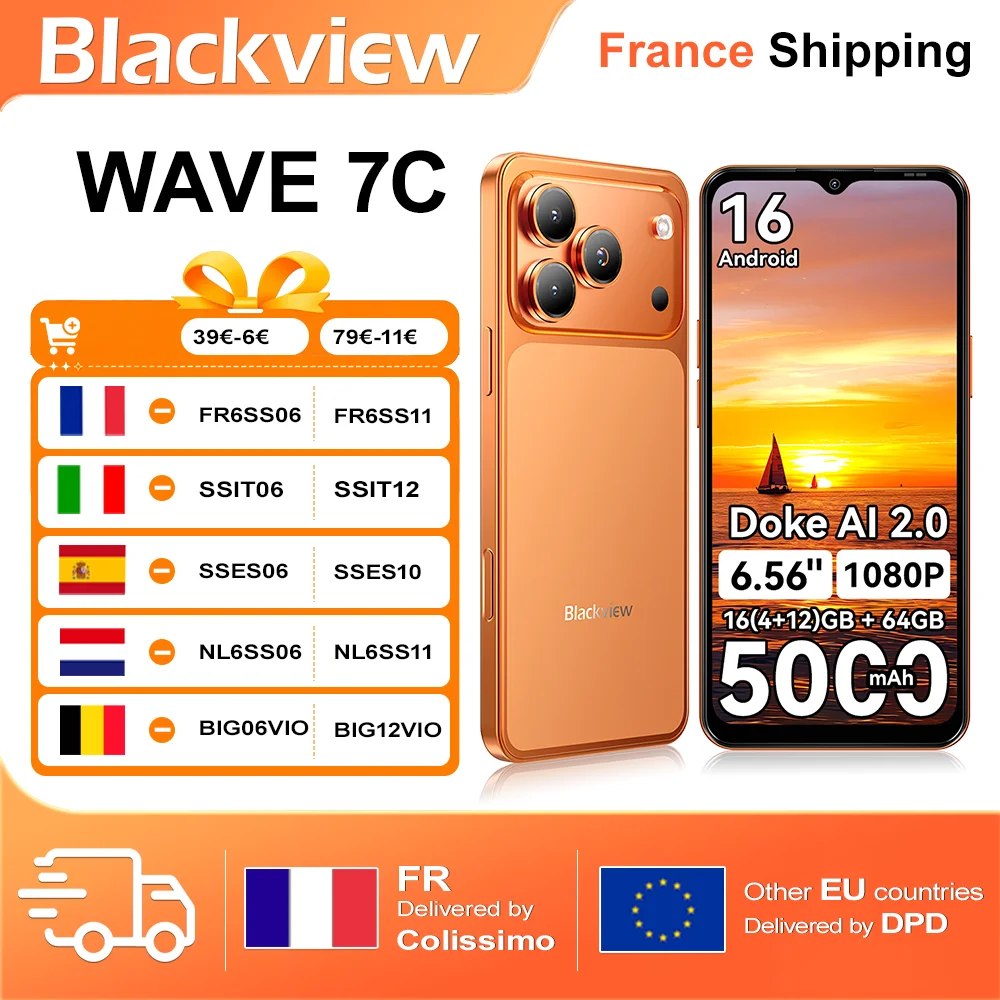 Blackview WAVE 7C Smartphone 16(4+12)GB+64GB, écran HD+ 6,56 pouces, 5000mAh, Android 16 Doke AI 2.0, vidéo 1080P (Étui de protection TPU gratuit)