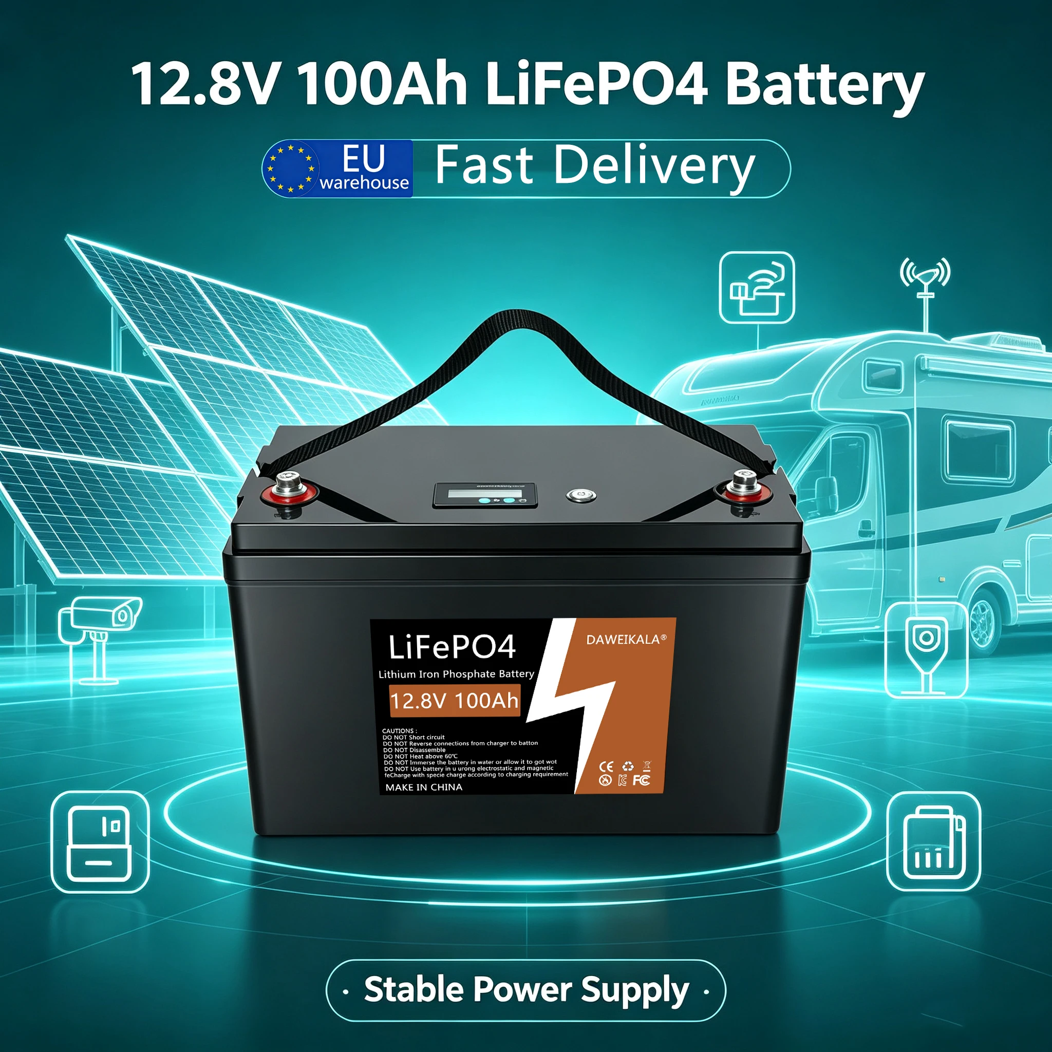 12V 100Ah Lithium-Batterie Nennkapazität LiFePO4 1280Wh Batterie 100A BMS Solar Tragbar Wiederaufladbar 15000 Zyklen für Wohnmobilanwendungen, Marine, Reiseanhänger, Off-Grid-Anwendungen, schnelle
