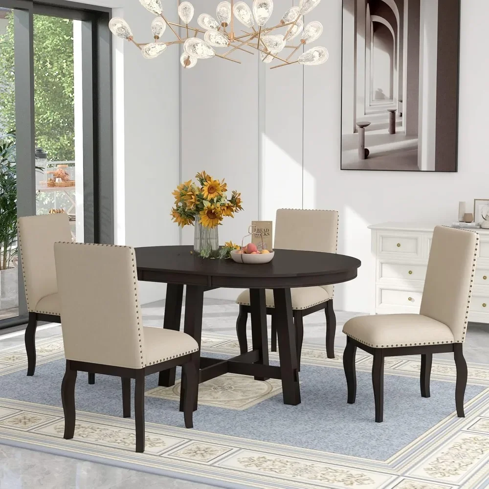 5 Pieces Dining Table Set Round Kitchen Extendable Dining Table with 4 Upholstered Chairs for Dining Room, with nail head trim