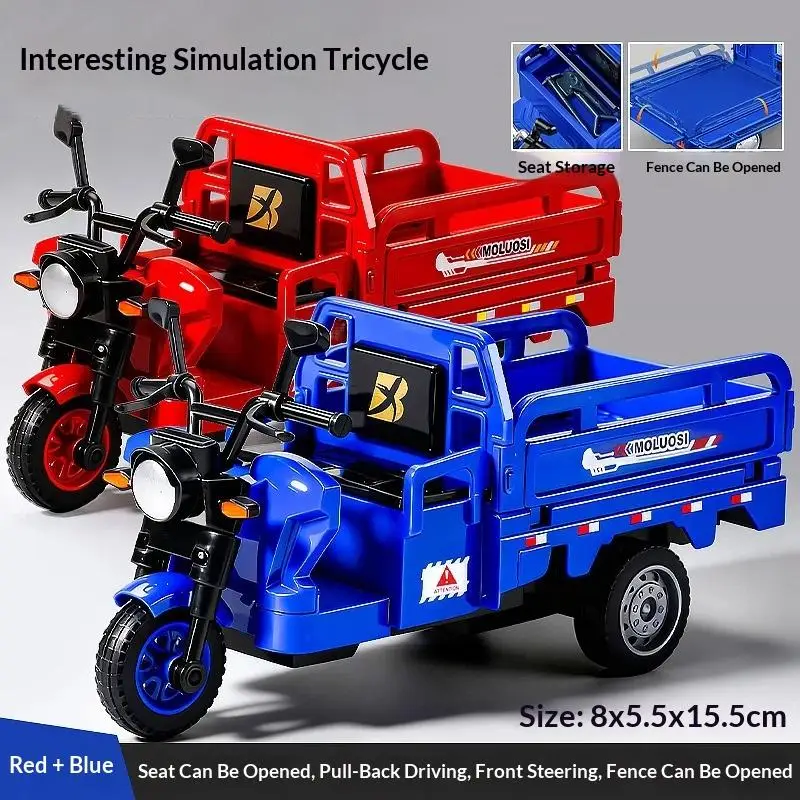 ●Simulation Tricycle Toy Model Inertia Driving Courier Car Realistic Pull Truck Diecast Toys Kids Pull Back Motorcycle Boy Gift