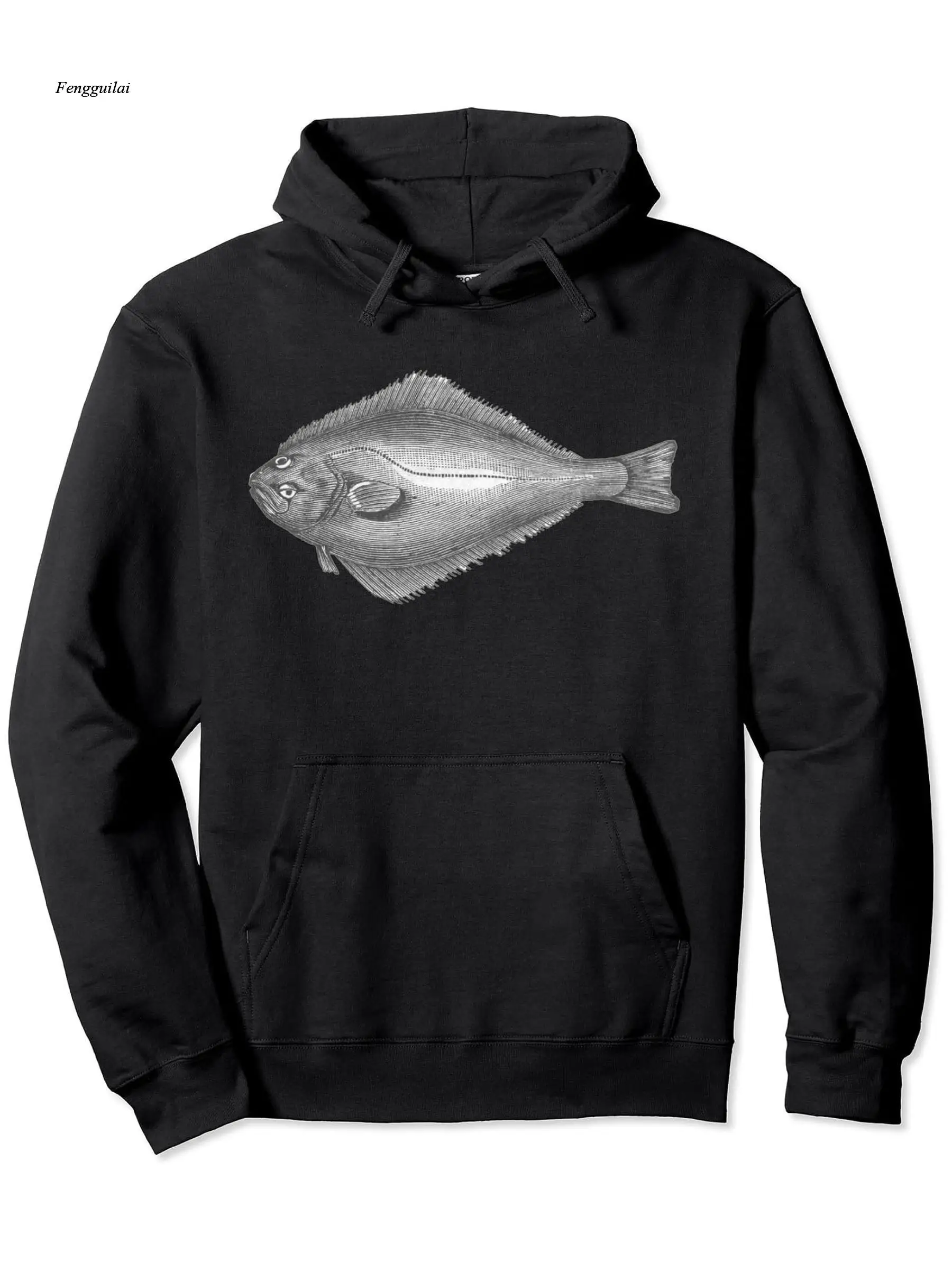 هوديي الرسوم التوضيحية العلمية لسمك الهلبوت | سترة ثقيلة الوزن ذات طابع بحري مع جيوب، مقياس هاليبوت واقعي #1