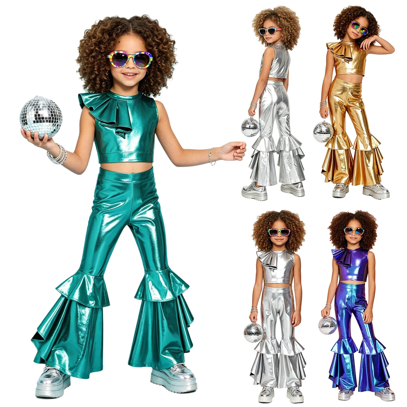 Kids 70s Disco Dance Set 2 Pieces Metallic Shiny Crop Top with Ruffled Flared Pants Girls Hippie Jazz Modern Competition Clothes