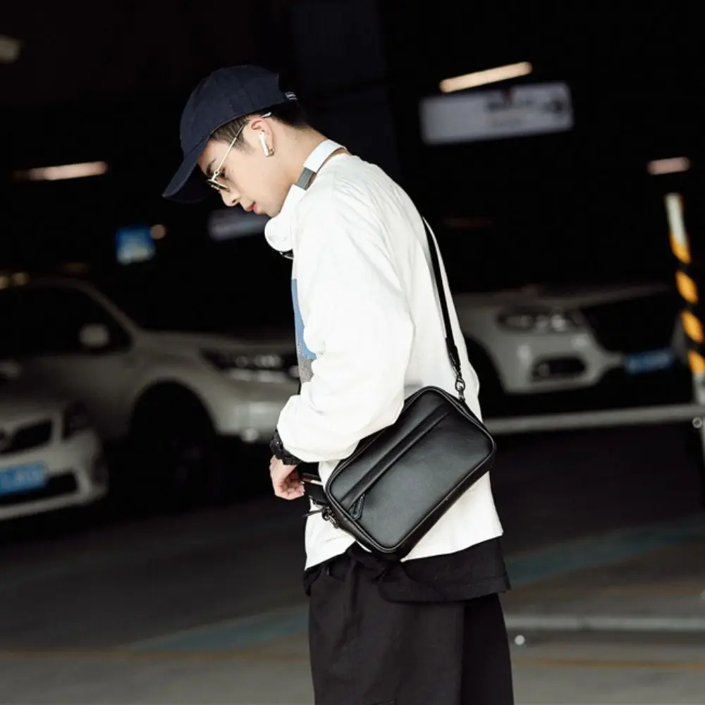 Bolsas masculinas de couro pu, bolsa crossbody preta com vários bolsos, bolsa mensageiro à prova d'água casual masculina, bolsa tipo estilingue para escritório