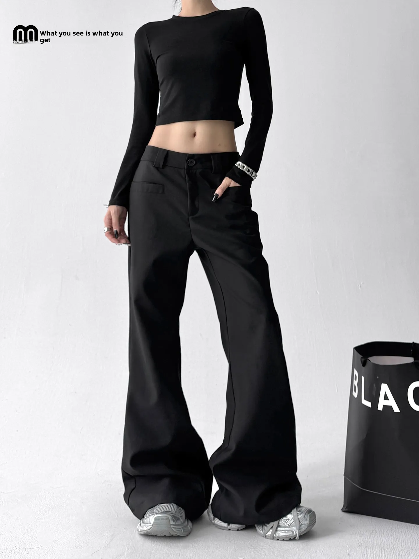 American Retro Bla Suit Pants Women's Loose Casual Wide Leg Long Trousers High Waist Zipper Closure Commute Sle Faion