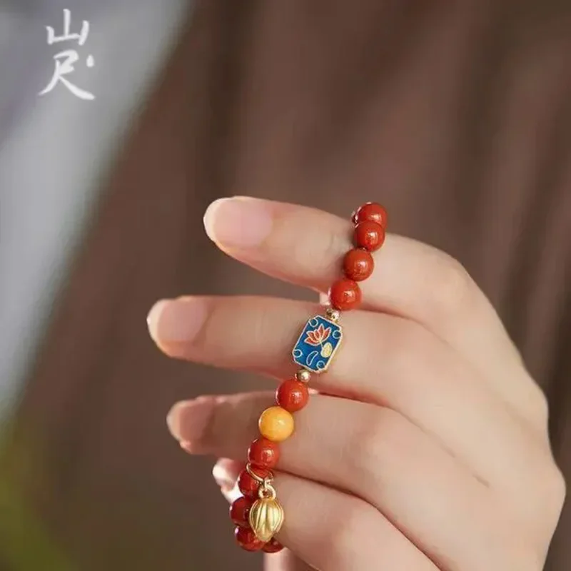 Chinese Style Natural South  Agate Bracelet Red Ancient Method Burned Blue Lotus Beeswax Bead Women's Vintage Jewelry Talismans